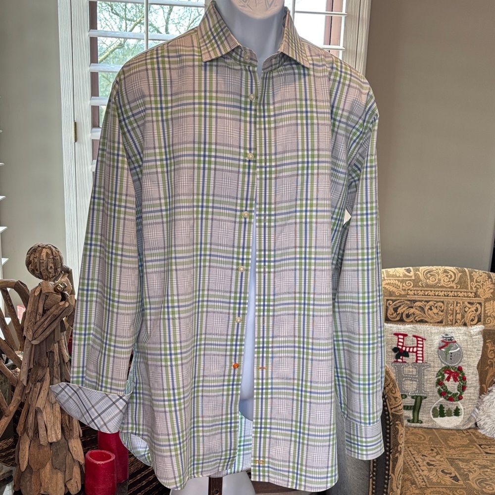 Thomas Dean Blue and Green Plaid Button Down Shirt size XL 100% cotton